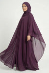 Halimah butterfly abaya for women in maroon color front full view worn by model showing flowing double layer chiffon design