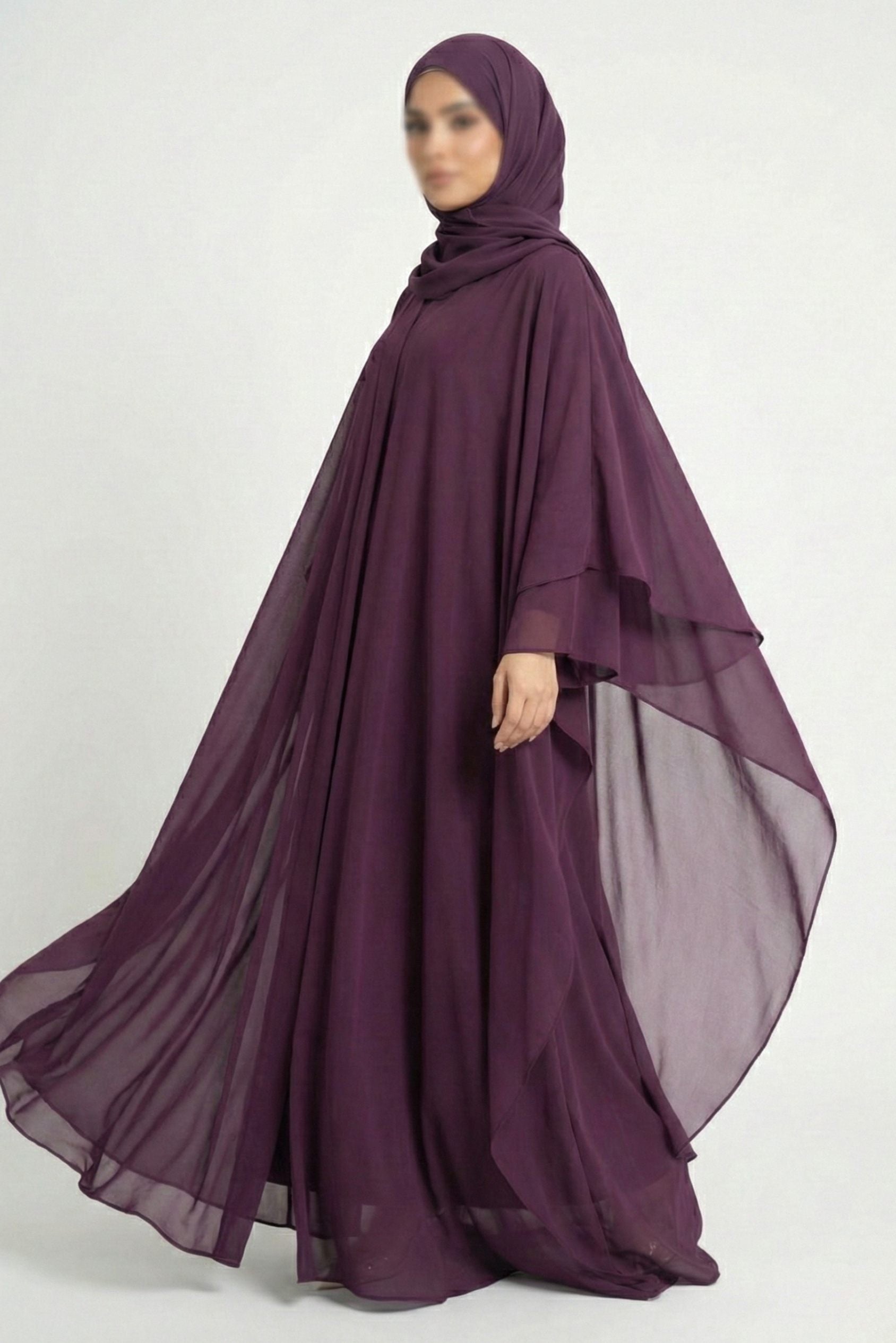 Halimah butterfly abaya for women in maroon color front full view worn by model showing flowing double layer chiffon design