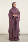 Halimah butterfly abaya for women in plum color front full view worn by model showing flowy double layer chiffon fabric