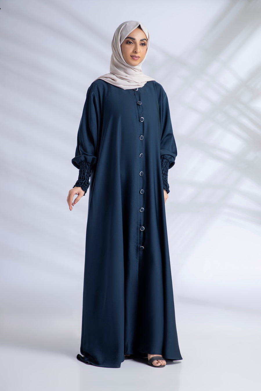 Open Abaya With Buttons Turkish Style Elastic Sleeves