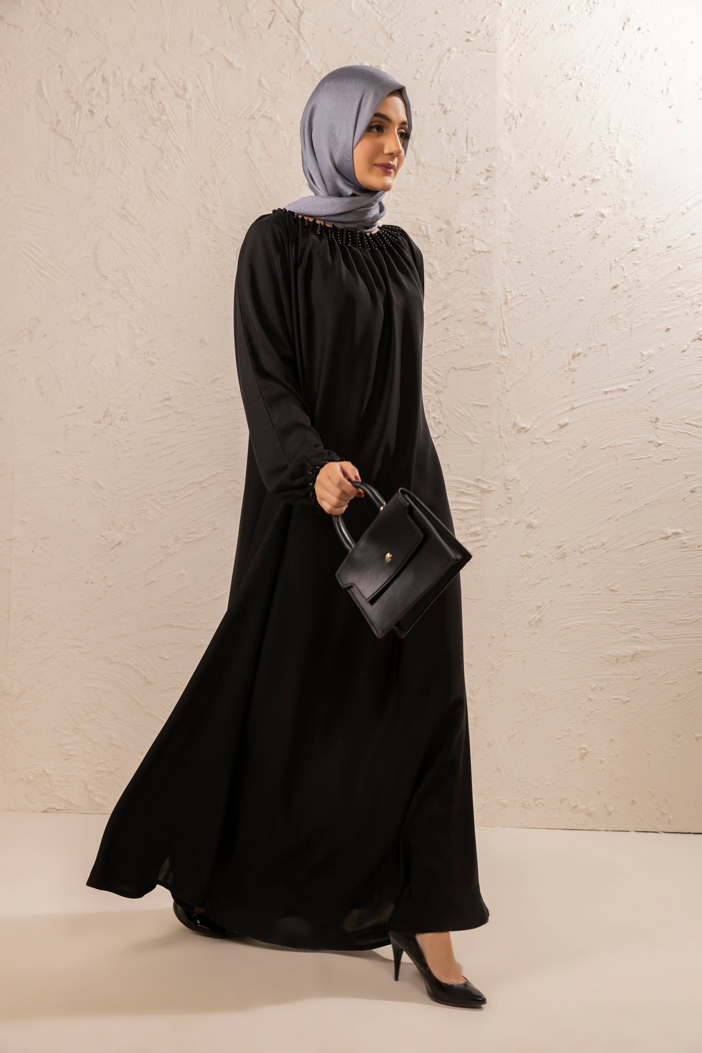 Shop Now Black Abaya With Pearls In Neck