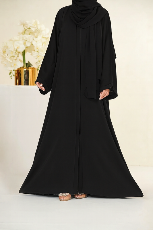 Black Imported TikTok Crinkle Nida Fabric Abaya front full view highlighting graceful fall, soft texture, and refined drape