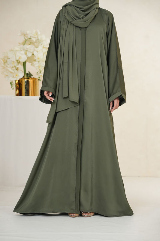 Imported TikTok Crinkle Nida Fabric Abaya for women in green color – front full view showing elegant drape and modest fit