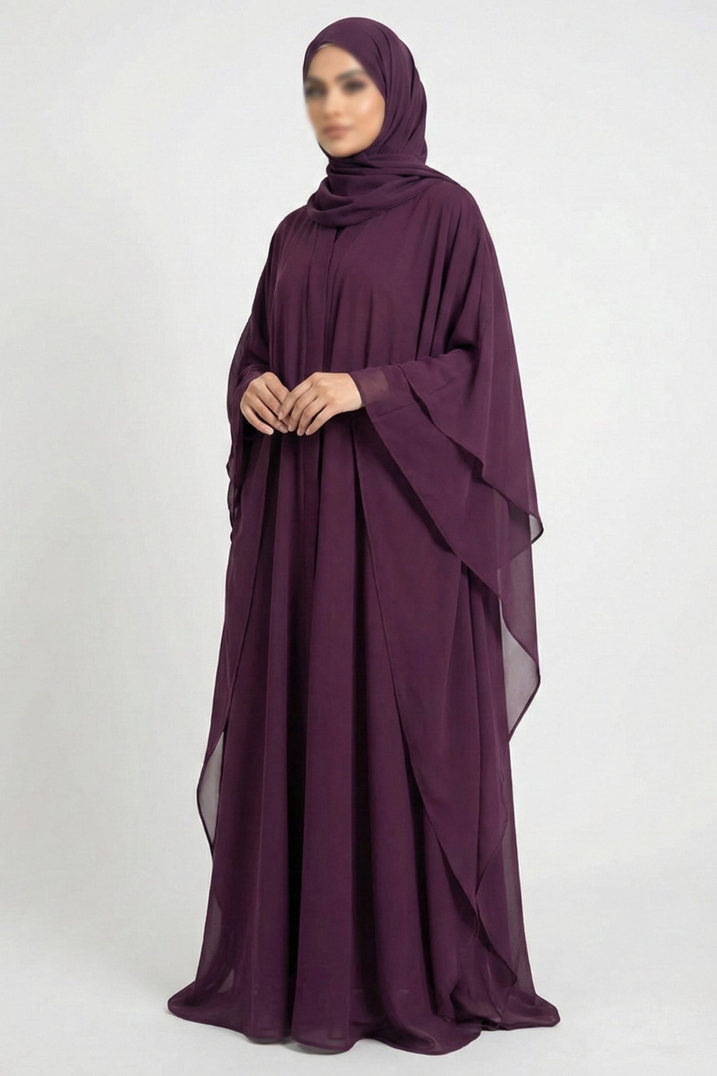 Maroon Halimah butterfly abaya front full view highlighting airy chiffon fabric and elegant silhouette