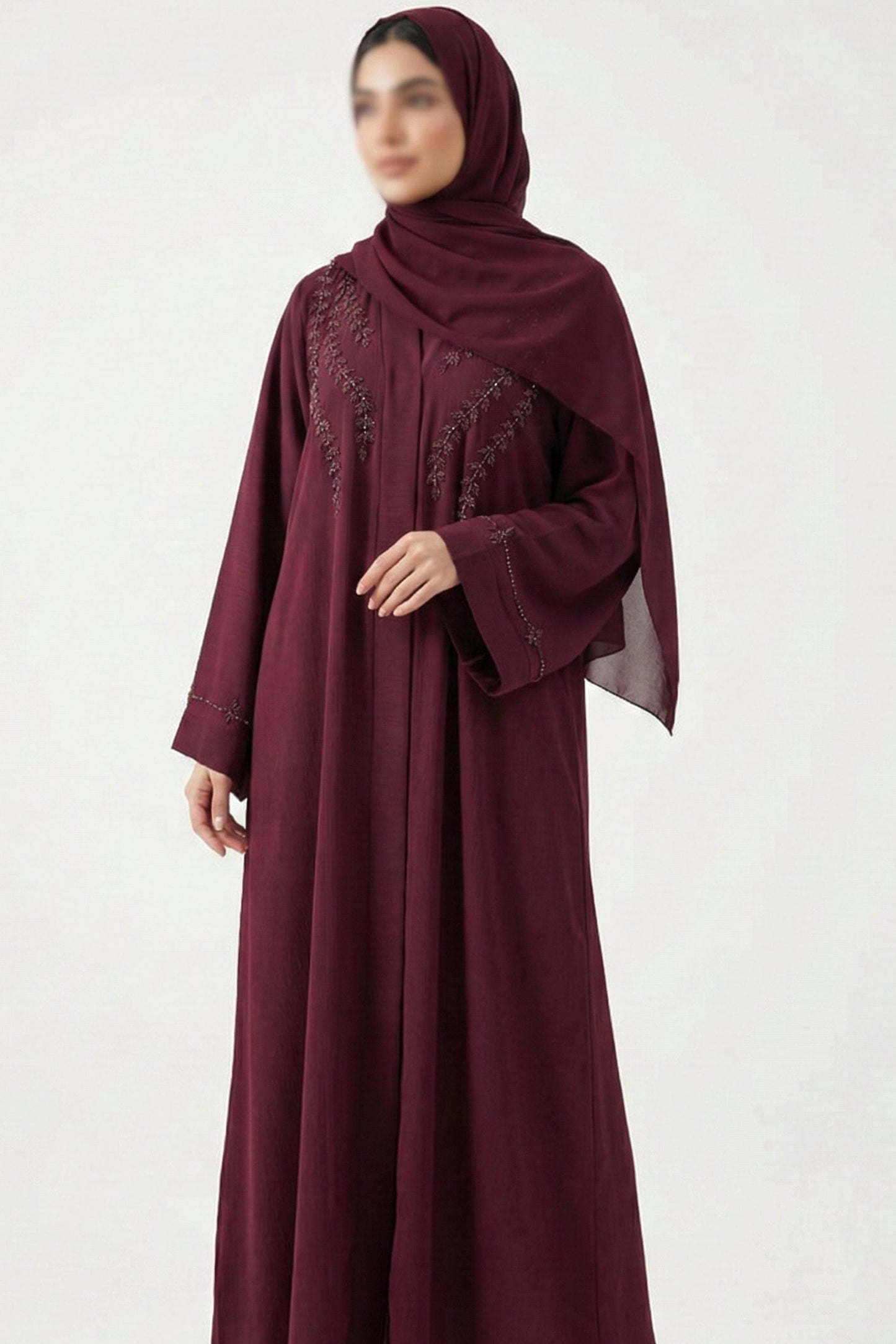Front full view of maroon handworked abaya highlighting front open design and elegant bow detailing on sleeves