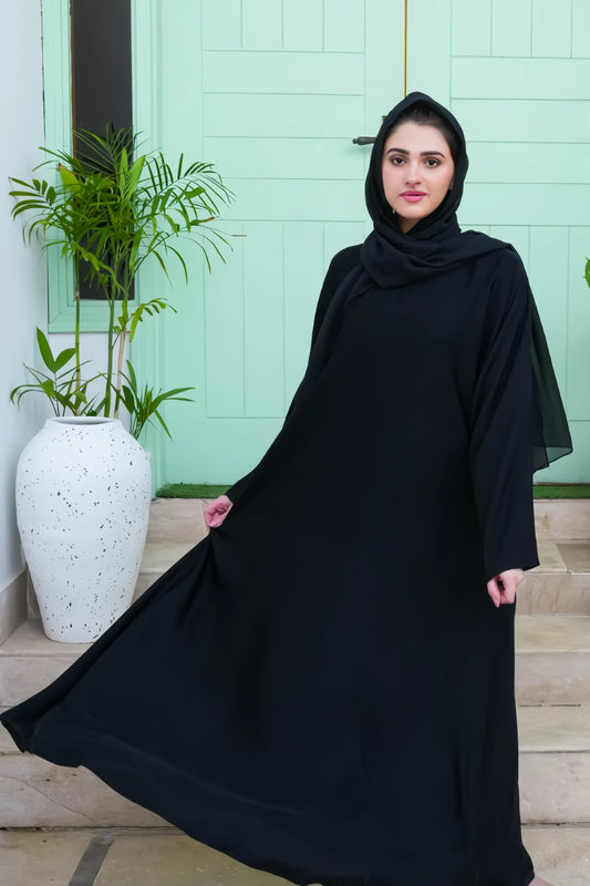 Full-length front view of the Simple Plain Black Abaya – classic design with smooth flow and timeless modest appeal.