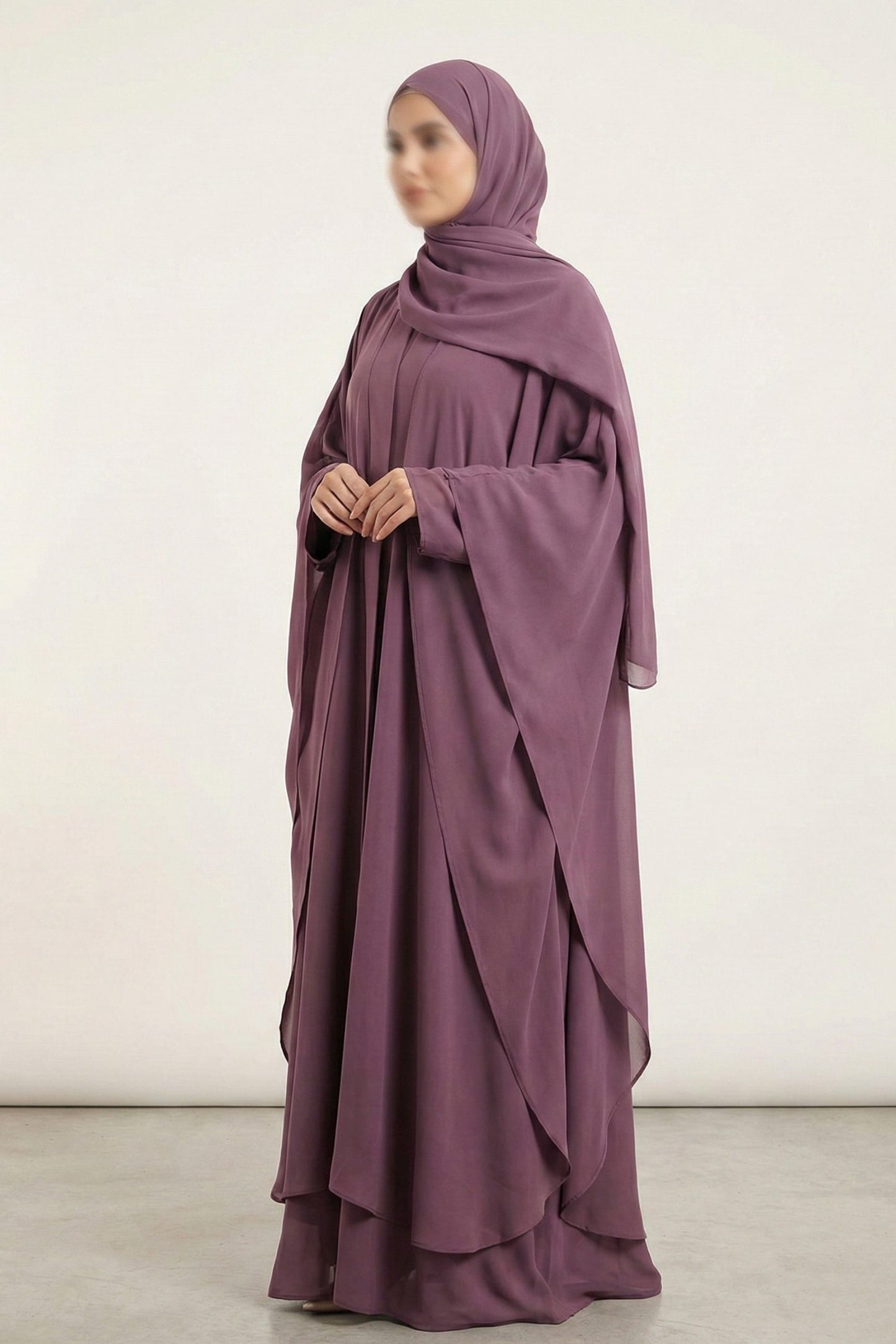 Plum Halimah butterfly abaya front full view highlighting airy chiffon material and elegant flowing silhouette