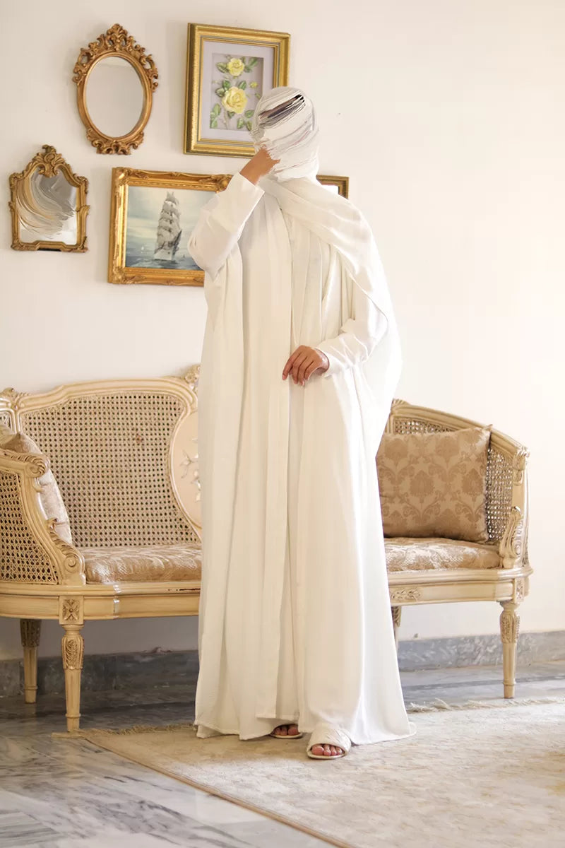 Premium Nida Fabric white kaftan for women front full view showing flowing silhouette and elegant modest design