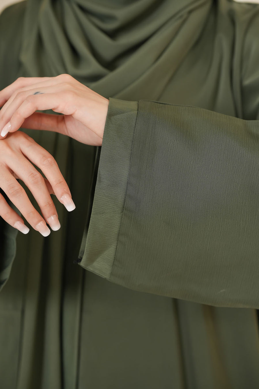 Front zoom view of Imported TikTok Crinkle Nida Fabric Abaya highlighting soft texture and elegant crinkle finish