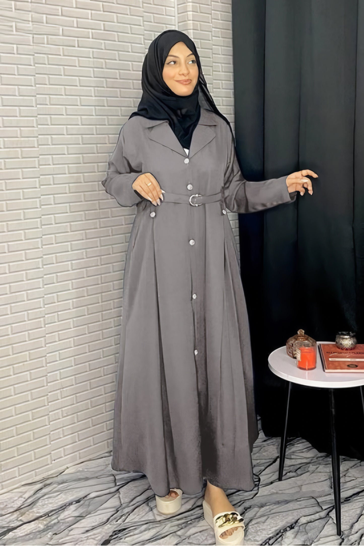 Front full view of Turkish-style gray multi-color abaya with elegant draping, premium soft fabric, and full modest coverage for daily and formal wear.