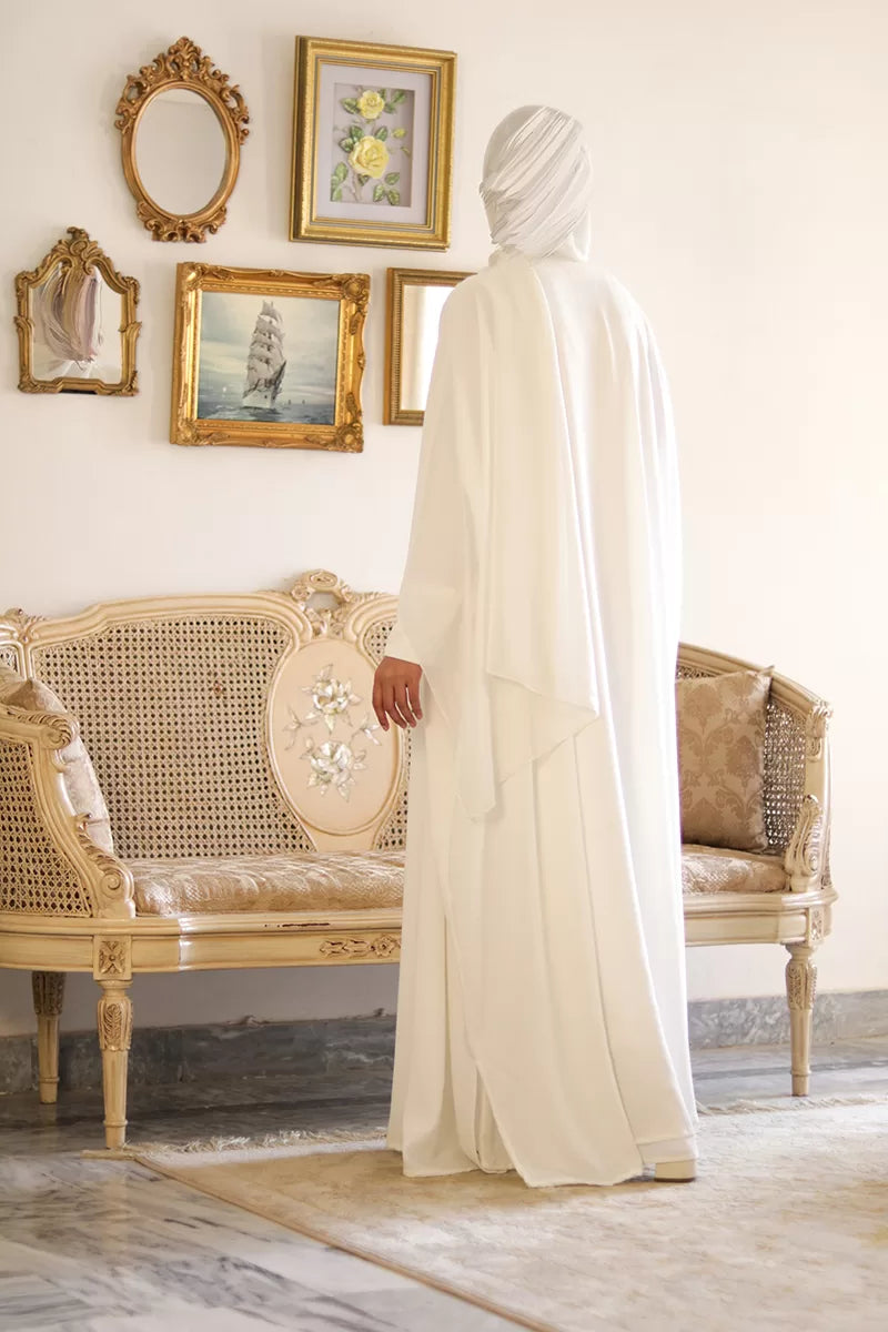 Back full view of premium nida fabric white kaftan for women showing graceful length and elegant flow