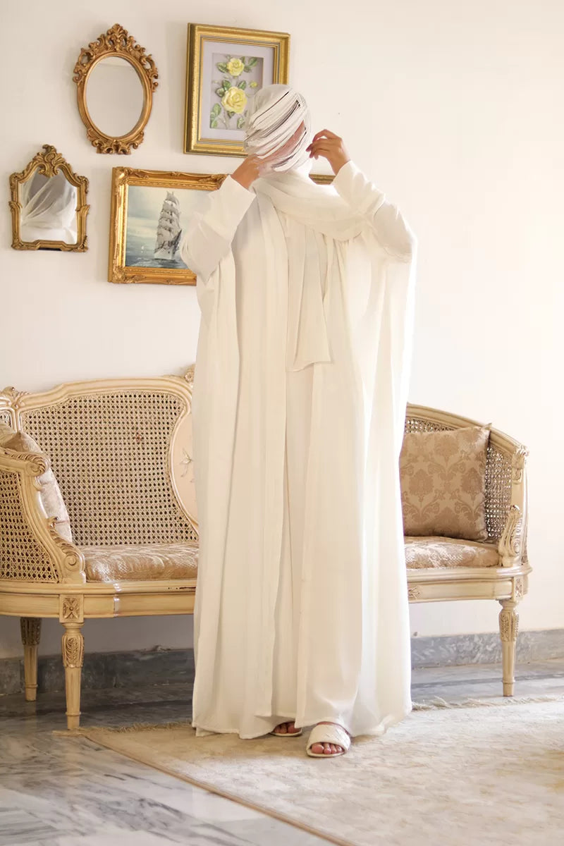 White kaftan made from premium nida fabric front full view highlighting soft drape and lightweight comfort